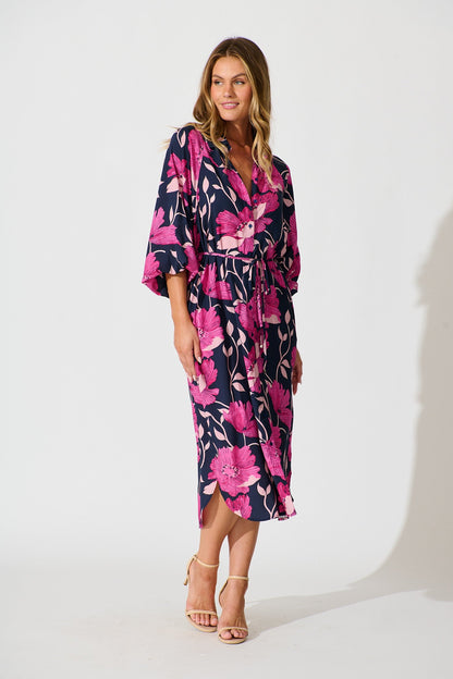 Sally Midi Shirt Dress In Navy with Pink Floral