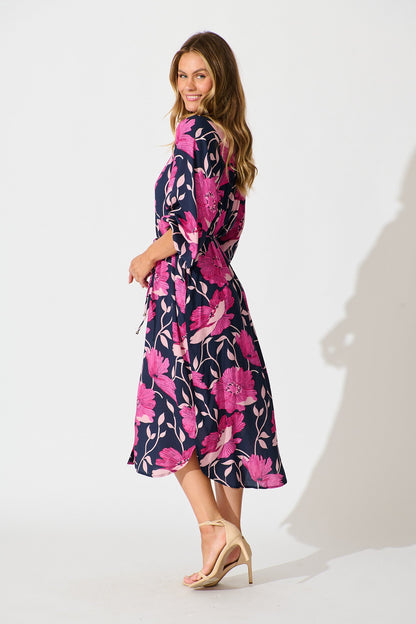 Sally Midi Shirt Dress In Navy with Pink Floral