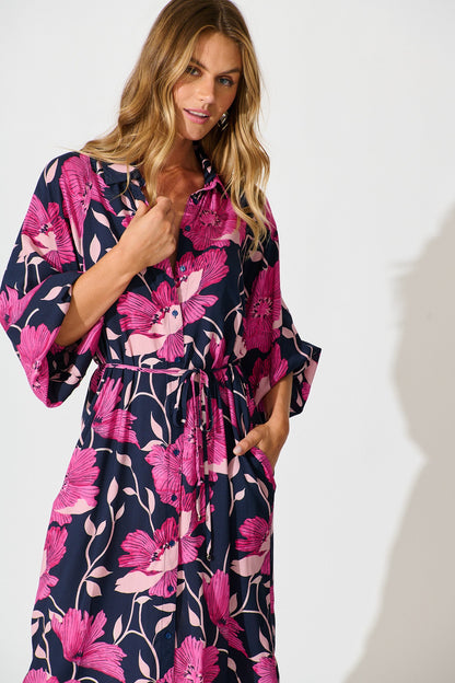 Sally Midi Shirt Dress In Navy with Pink Floral