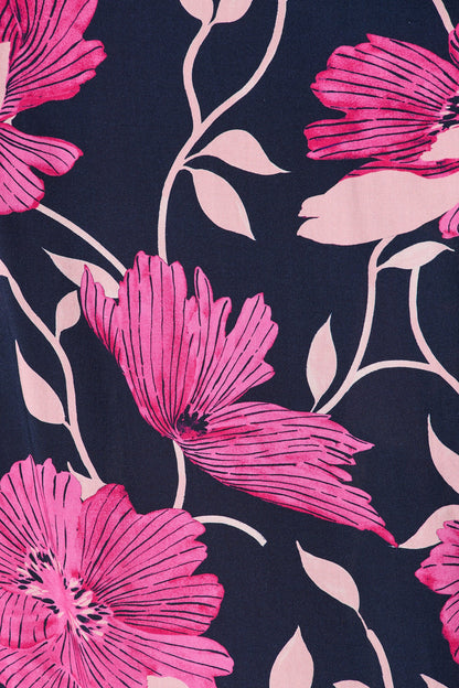 Sally Midi Shirt Dress In Navy with Pink Floral