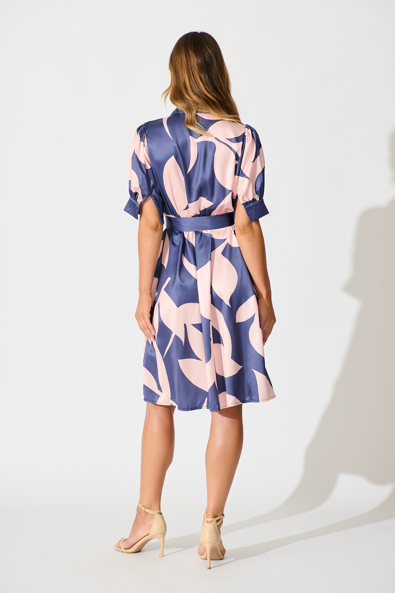 Kristel Shirt Dress In Navy With Blush Print Satin