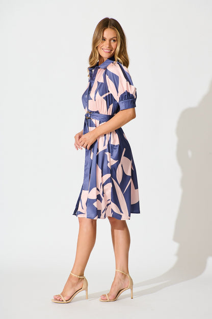 Kristel Shirt Dress In Navy With Blush Print Satin