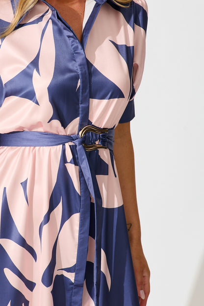 Kristel Shirt Dress In Navy With Blush Print Satin