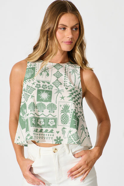 Vanya Top in Cream and Green Palm Print Cotton