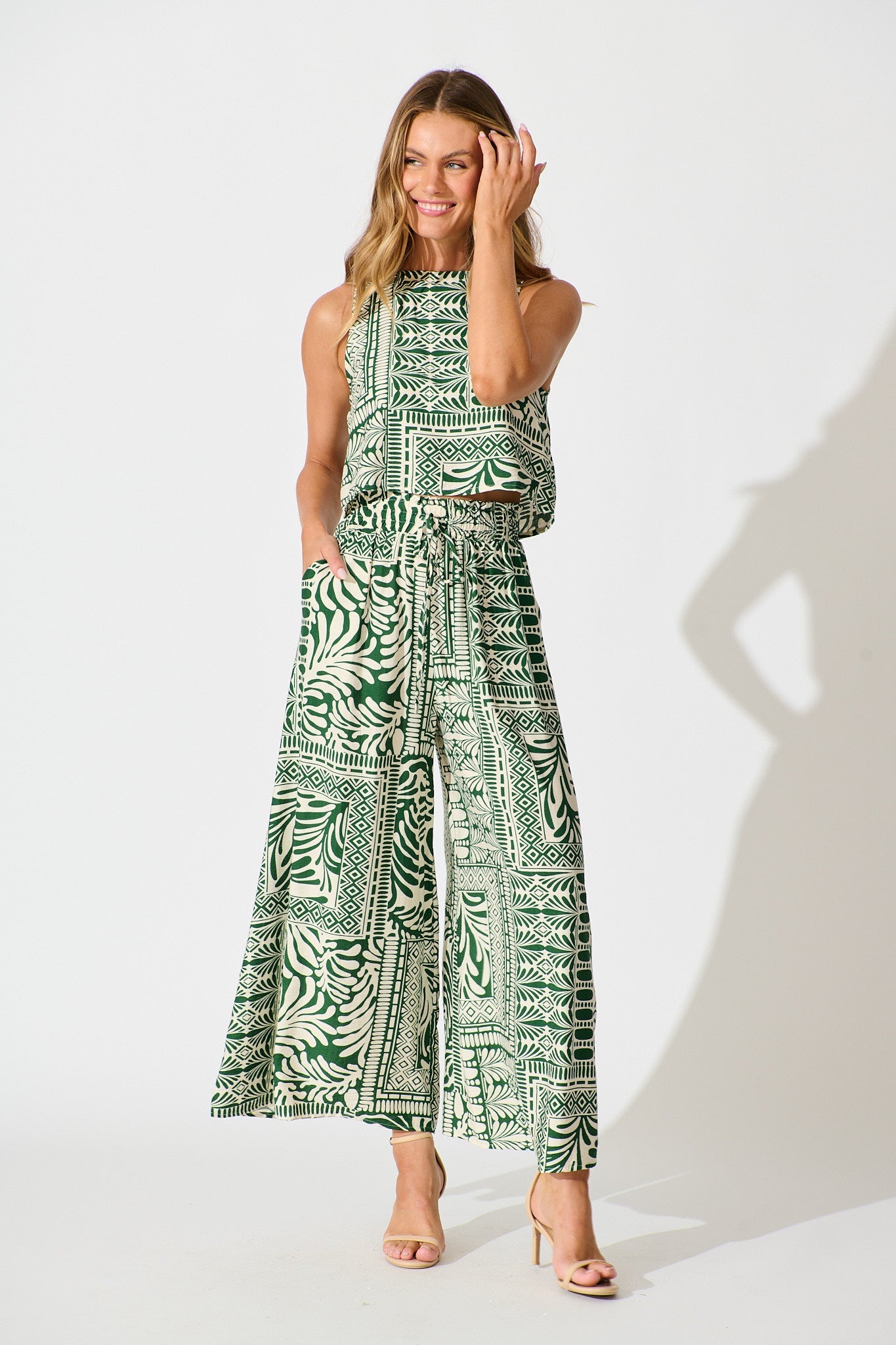 Goldie Wide Leg Pant in Green and Cream Tile Print