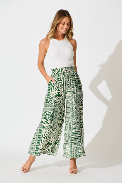 Goldie Wide Leg Pant in Green and Cream Tile Print