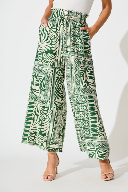 Goldie Wide Leg Pant in Green and Cream Tile Print