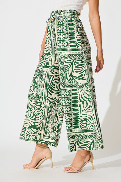 Goldie Wide Leg Pant in Green and Cream Tile Print