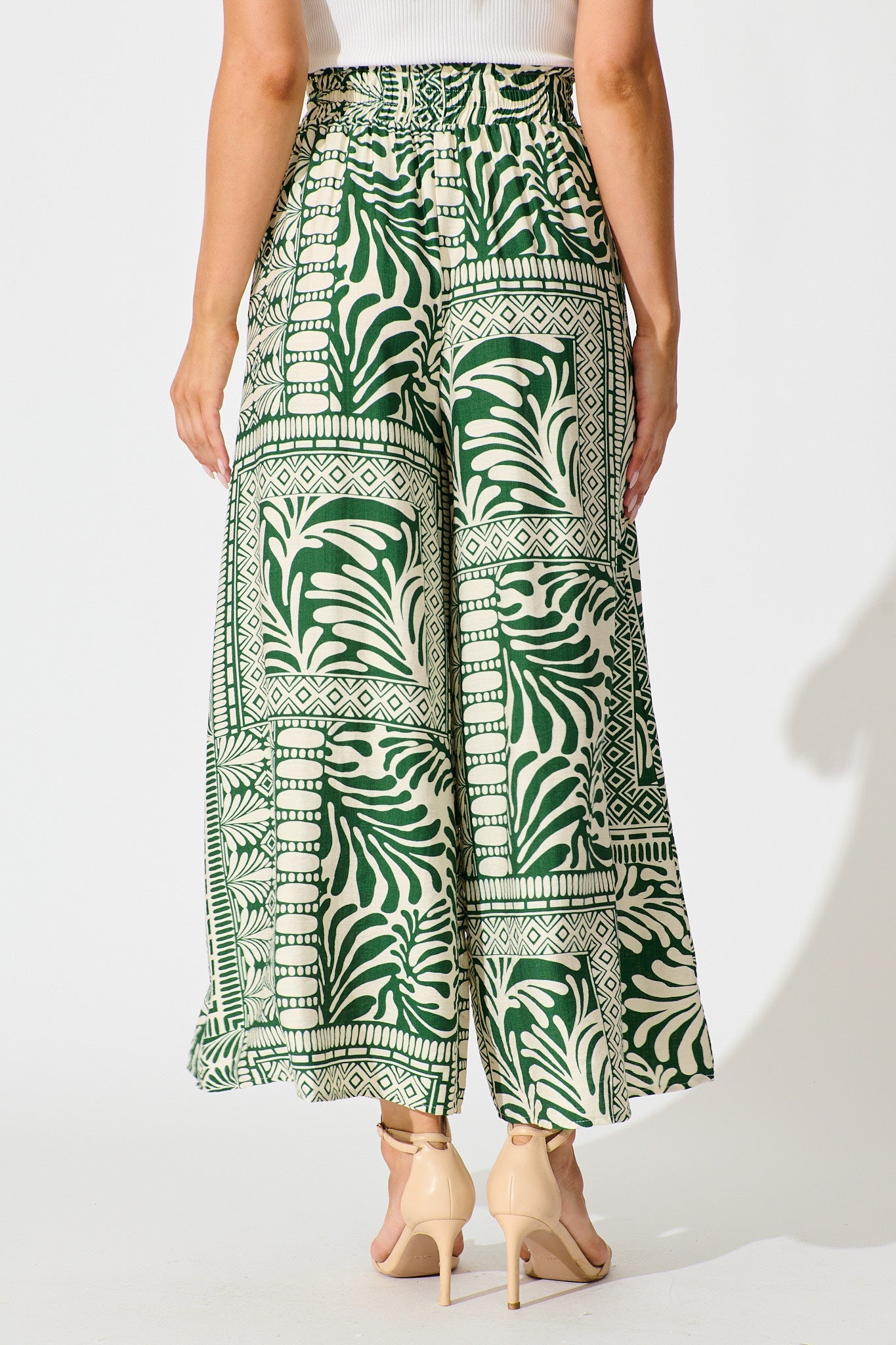 Goldie Wide Leg Pant in Green and Cream Tile Print