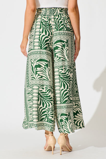 Goldie Wide Leg Pant in Green and Cream Tile Print