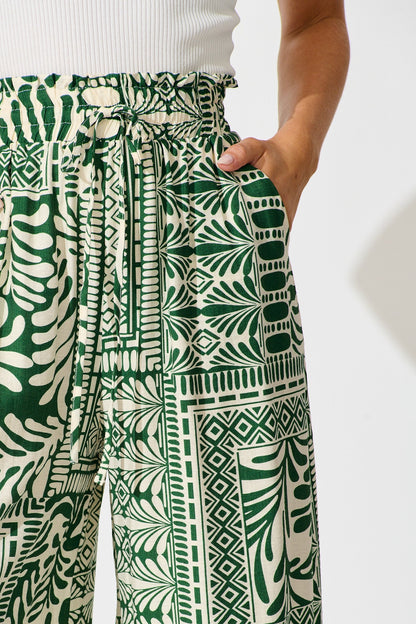 Goldie Wide Leg Pant in Green and Cream Tile Print