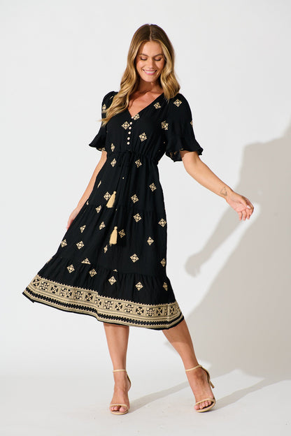 Lacie Midi Dress in Black with Beige Embroidery