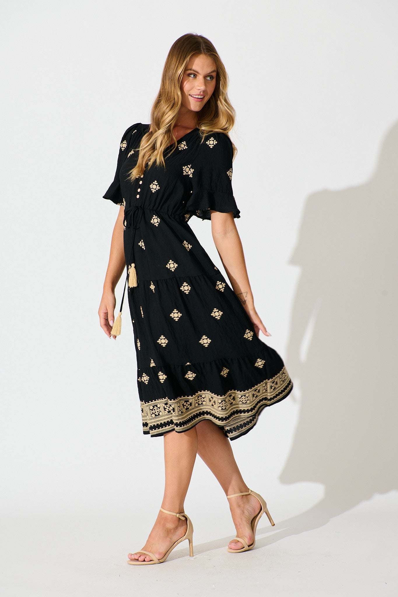 Lacie Midi Dress in Black with Beige Embroidery