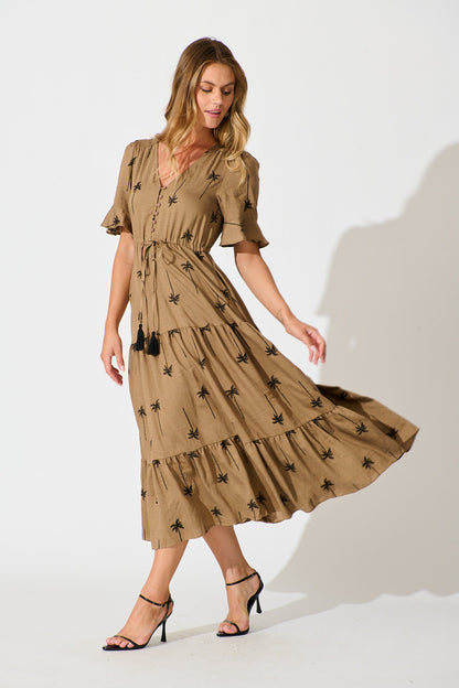 Dusk Midi Dress in Mocha with Palm Tree Embroidery