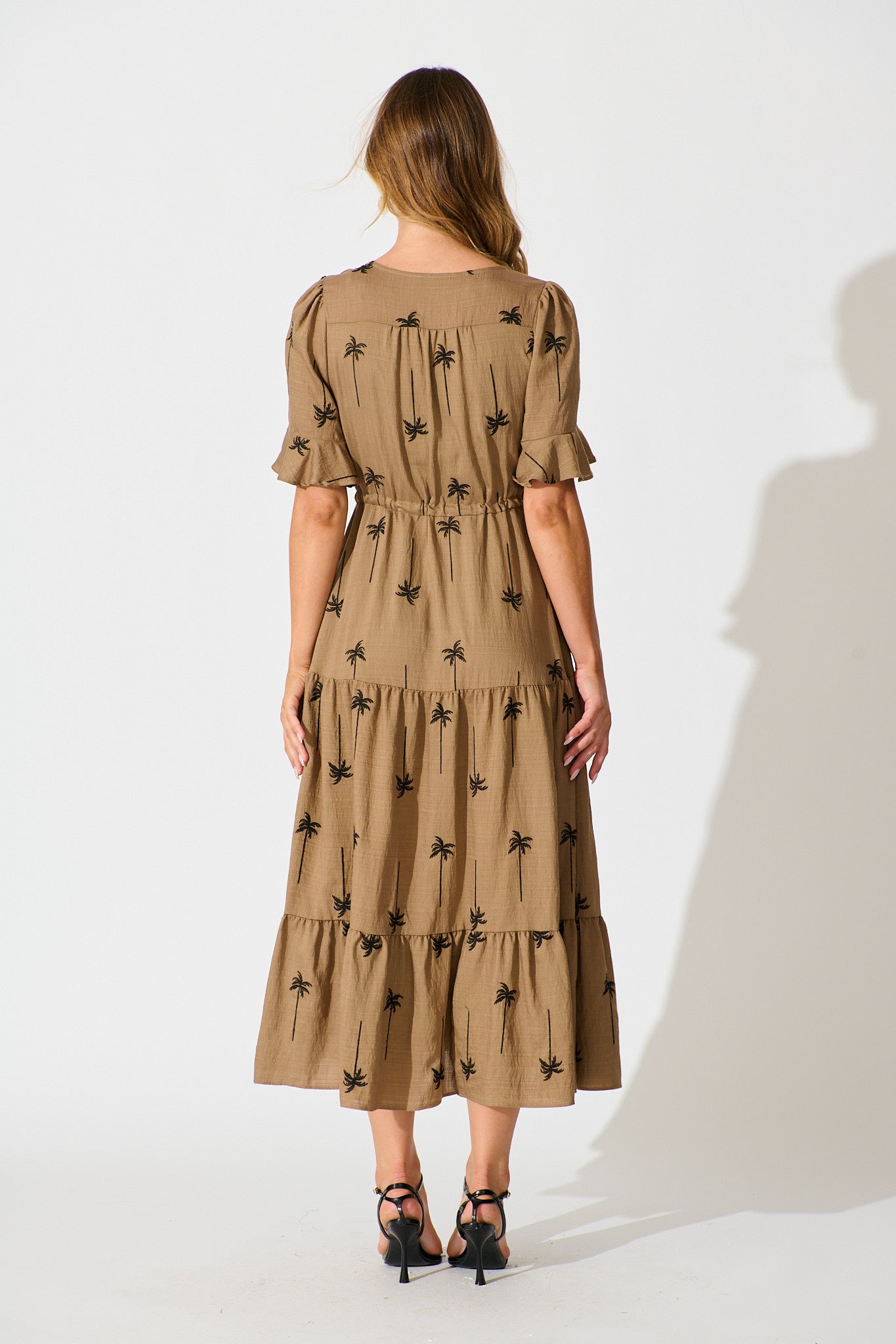 Dusk Midi Dress in Mocha with Palm Tree Embroidery