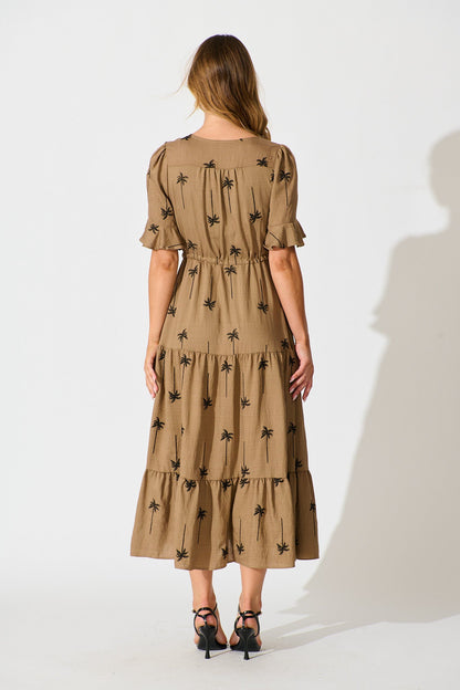 Dusk Midi Dress in Mocha with Palm Tree Embroidery