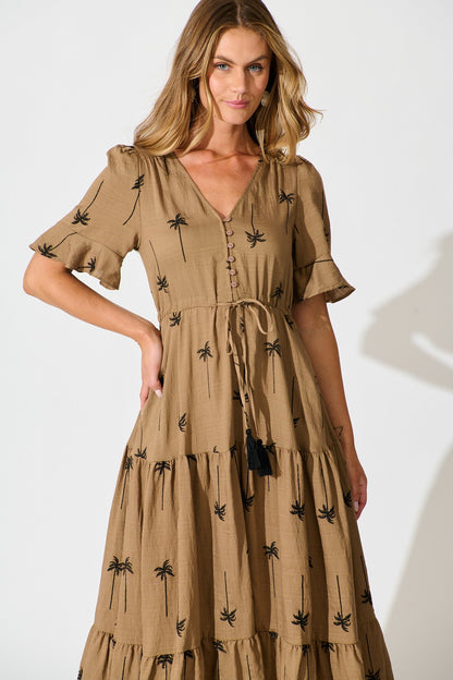 Dusk Midi Dress in Mocha with Palm Tree Embroidery