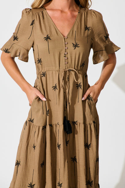 Dusk Midi Dress in Mocha with Palm Tree Embroidery