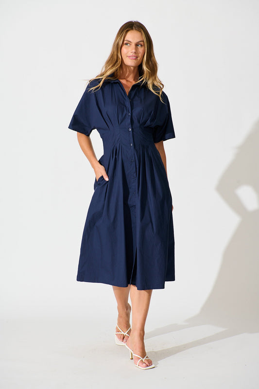 Alani Midi Shirt Dress in Navy Cotton