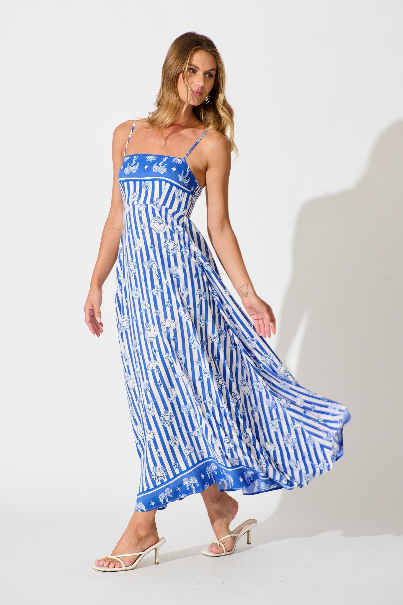 Willa Maxi Sundress in Blue and White Stripe Print