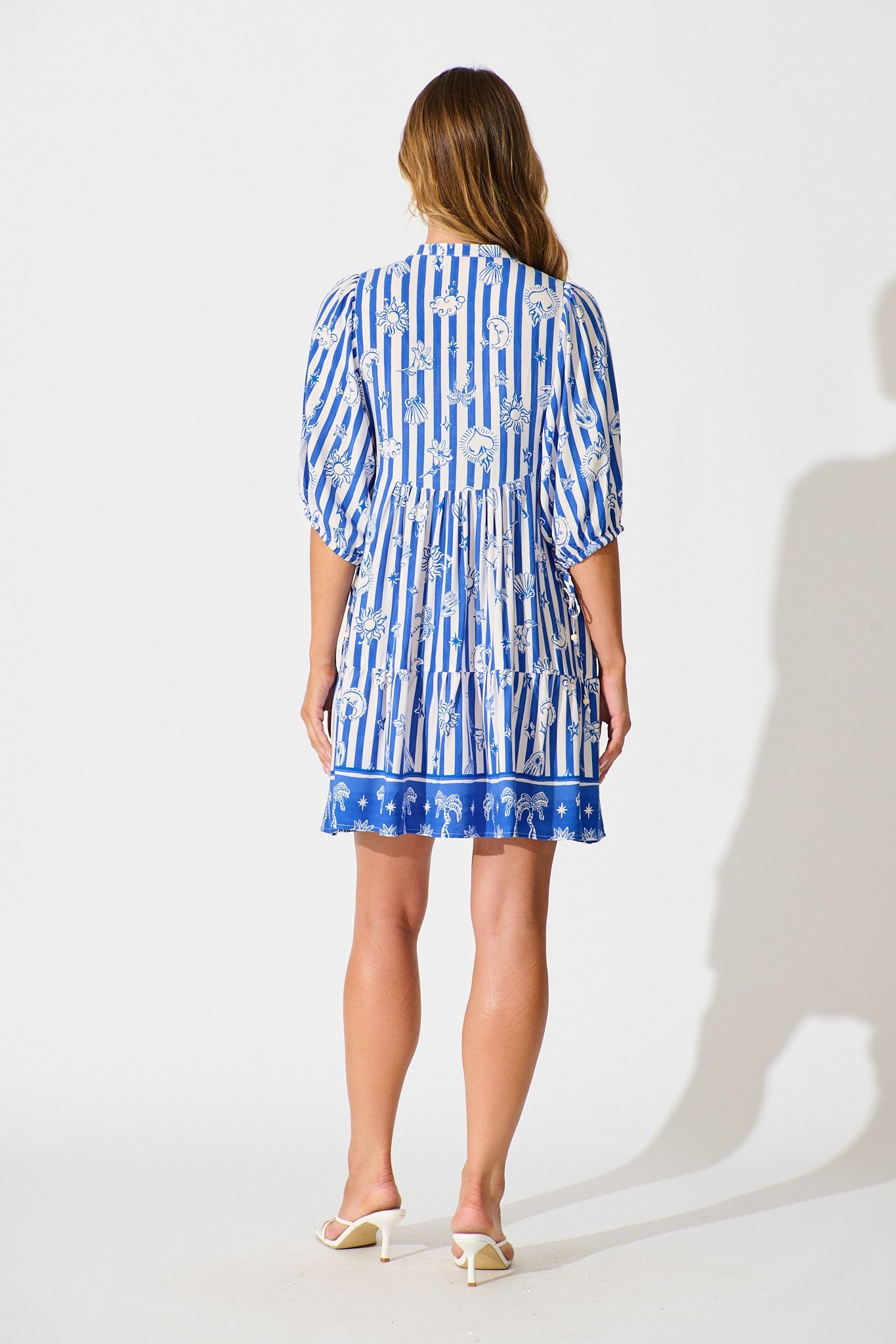 Emelyn Smock Dress in Blue and White Stripe Print