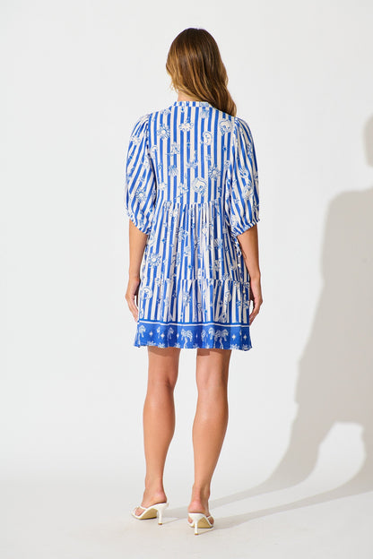 Emelyn Smock Dress in Blue and White Stripe Print