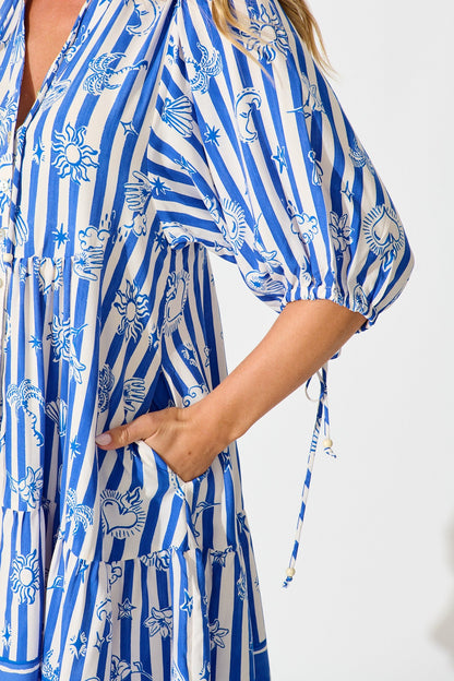 Emelyn Smock Dress in Blue and White Stripe Print