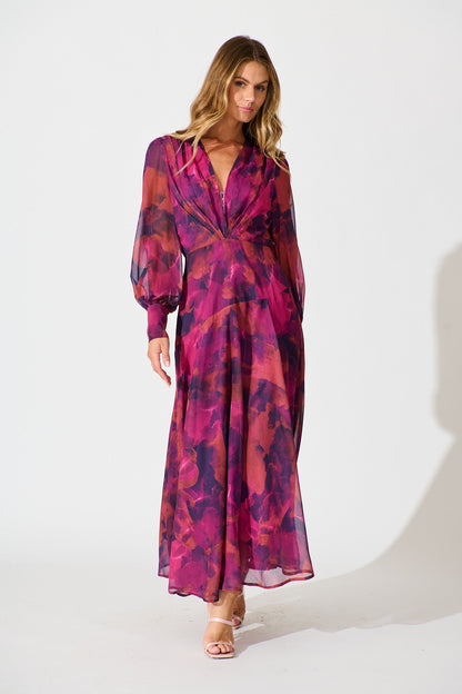 Martina Maxi Dress in Purple Watercolour Chiffon