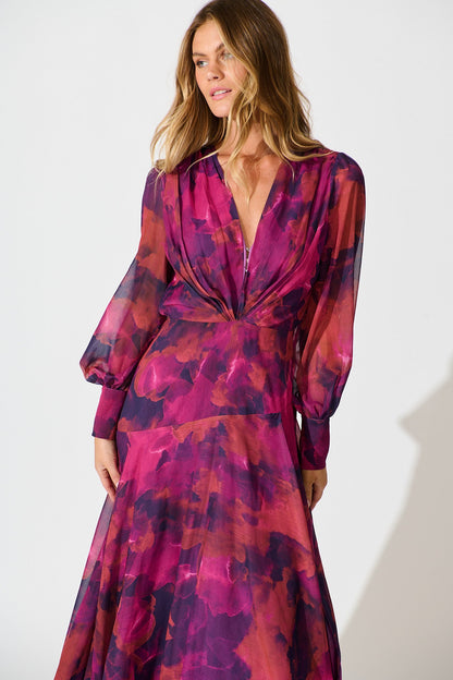 Martina Maxi Dress in Purple Watercolour Chiffon