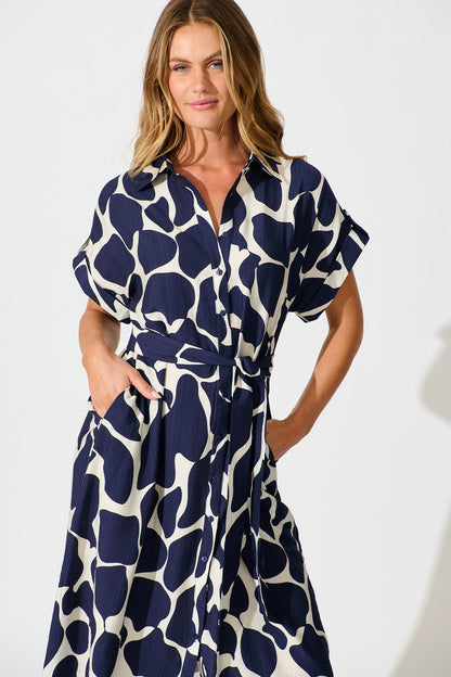 Sweet Talk Midi Shirt Dress in Navy and Cream Print