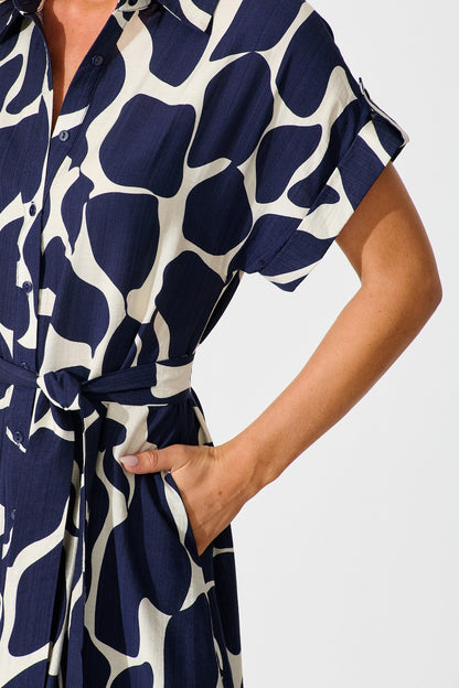 Sweet Talk Midi Shirt Dress in Navy and Cream Print
