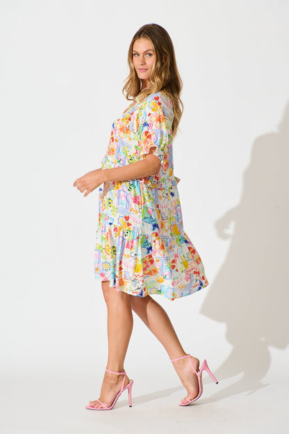Pretty Please Smock Dress in White with Bright Multi Print
