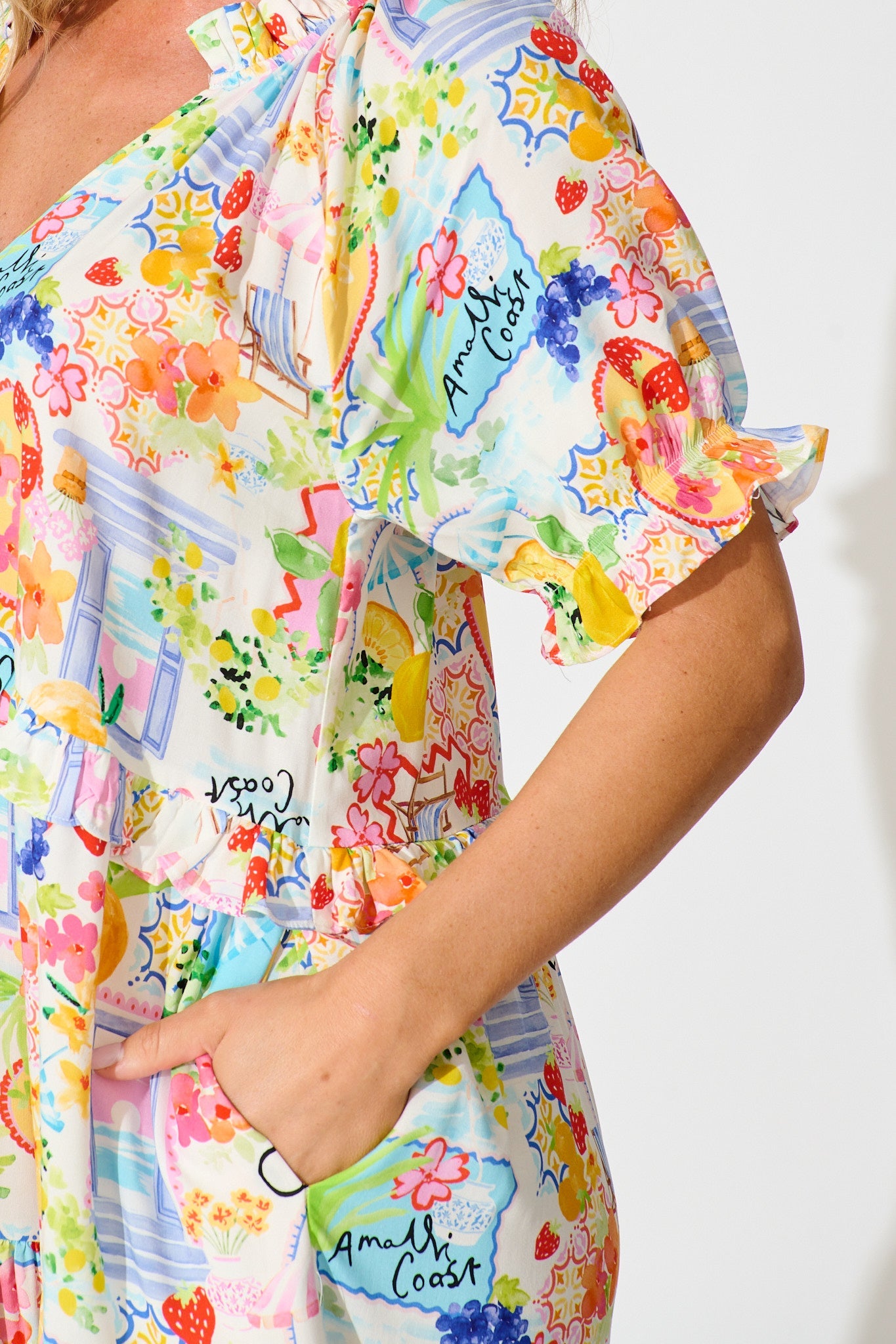 Pretty Please Smock Dress in White with Bright Multi Print