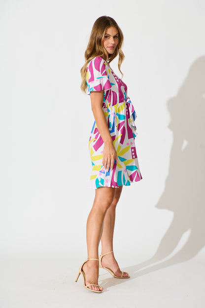 Kimora Dress in White with Bright Multi Print