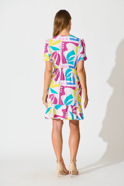 Kimora Dress in White with Bright Multi Print