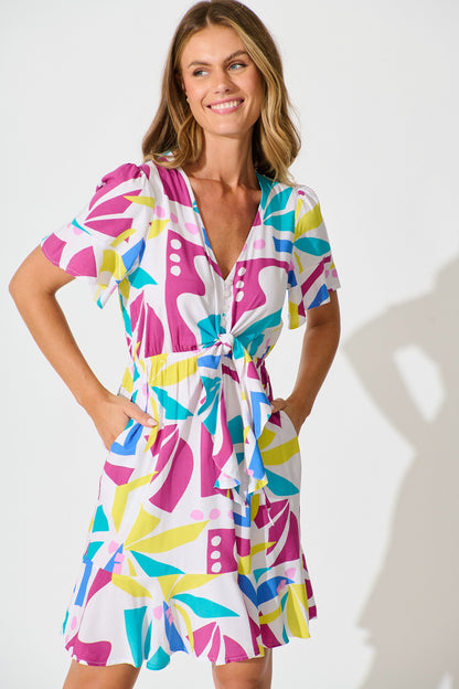 Kimora Dress in White with Bright Multi Print