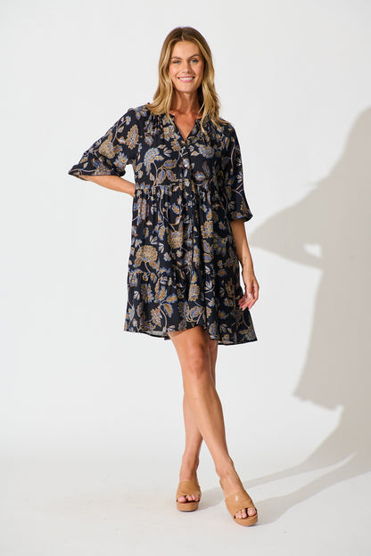 Jena Smock Dress in Black with Multi Floral Print