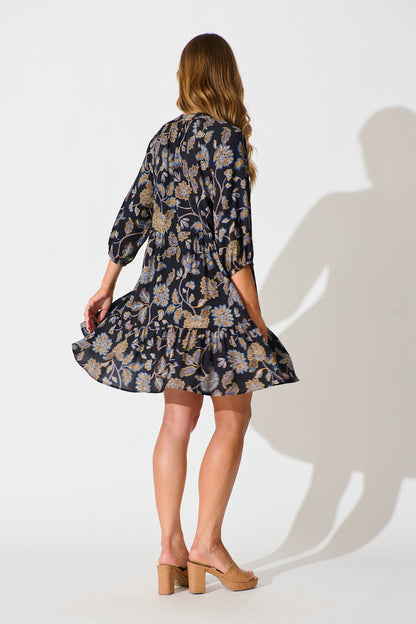 Jena Smock Dress in Black with Multi Floral Print