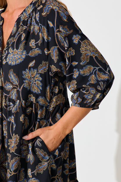 Jena Smock Dress in Black with Multi Floral Print