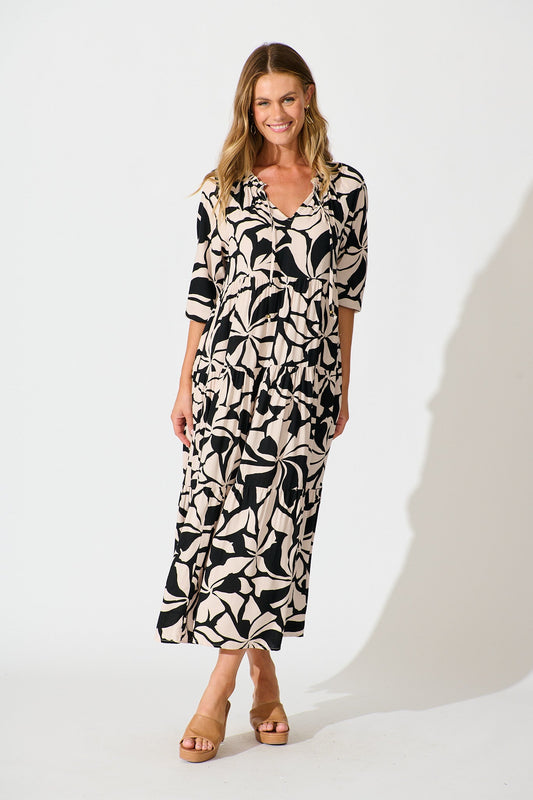 Brooke Maxi Smock Dress in Black and Cream Print