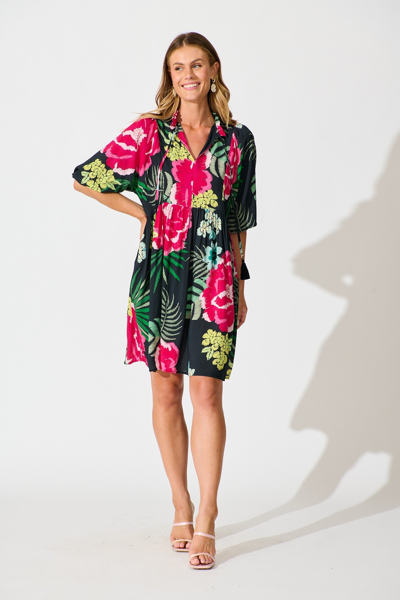 Darcie Smock Dress In Black with Pink Floral