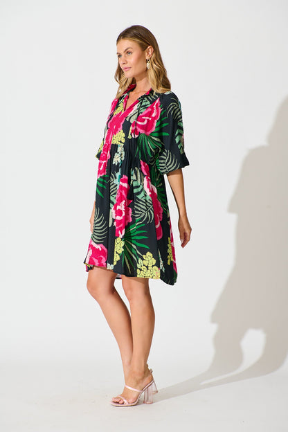 Darcie Smock Dress In Black with Pink Floral