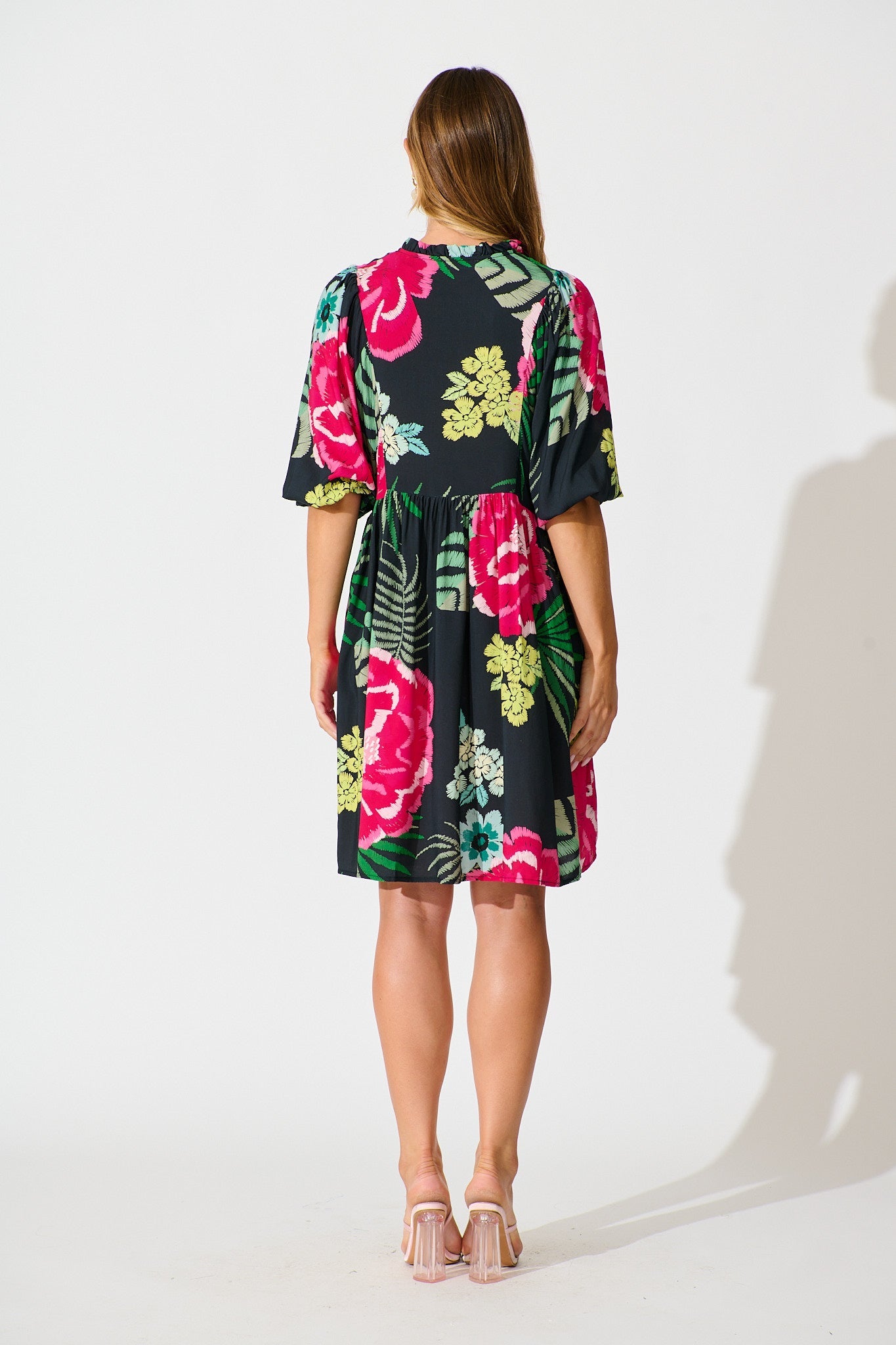 Darcie Smock Dress In Black with Pink Floral