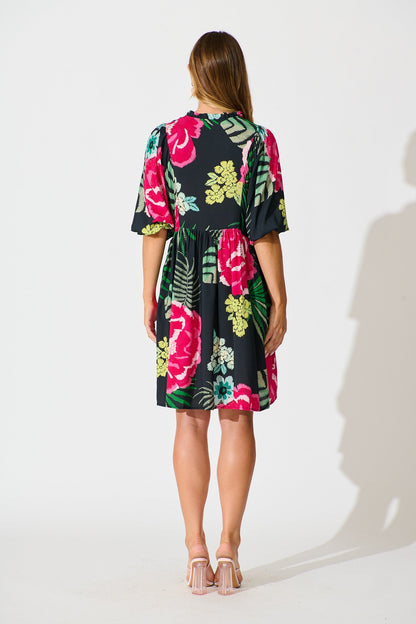 Darcie Smock Dress In Black with Pink Floral