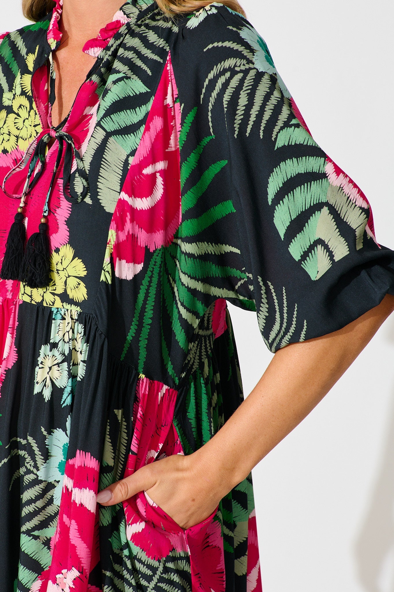 Darcie Smock Dress In Black with Pink Floral