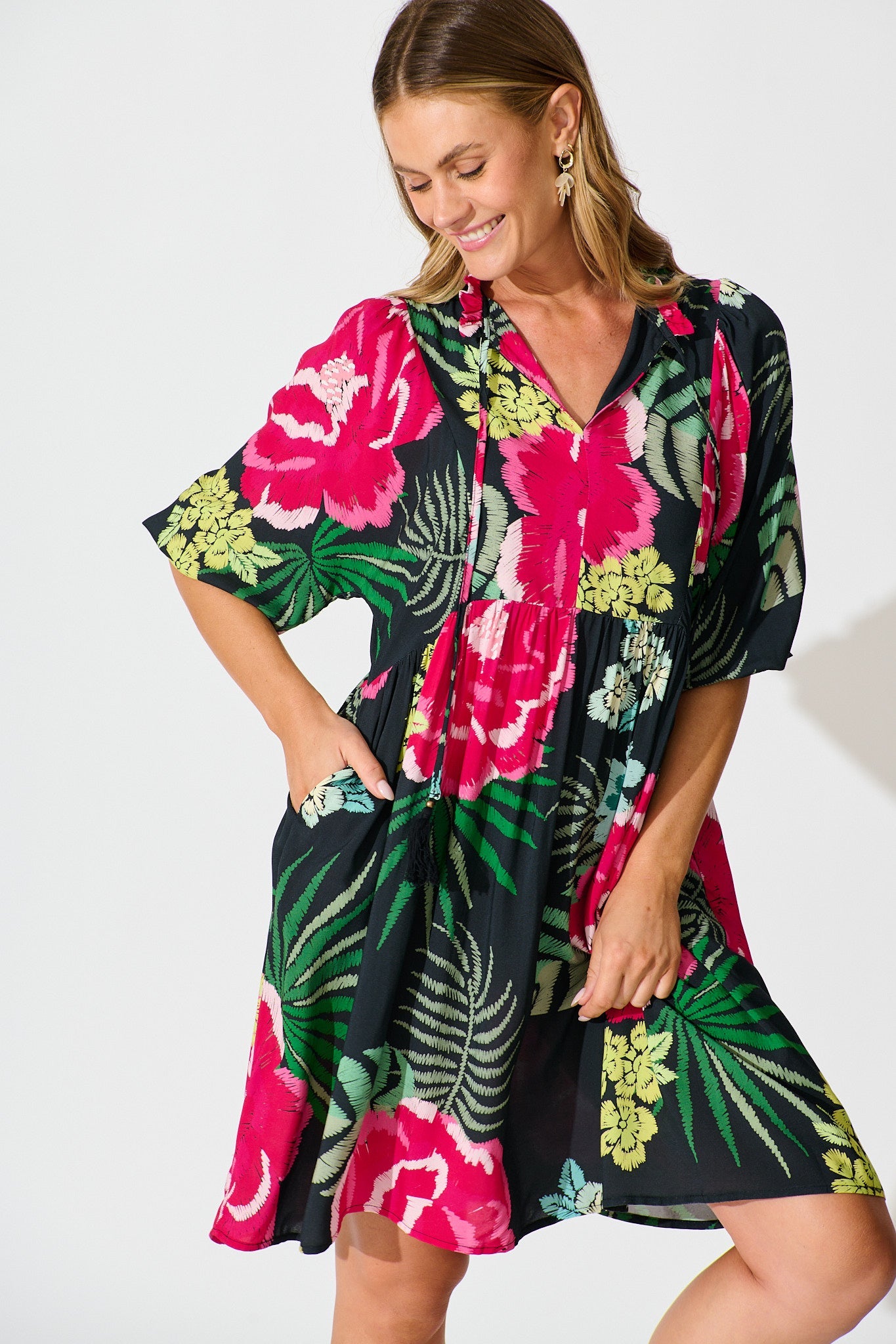 Darcie Smock Dress In Black with Pink Floral