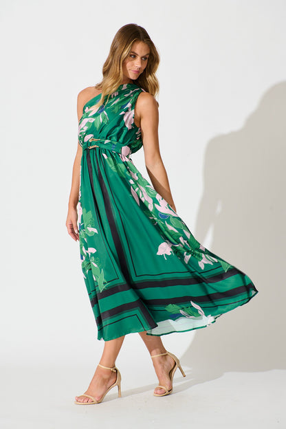Bernadette One Shoulder Midi Dress In Emerald Print Satin