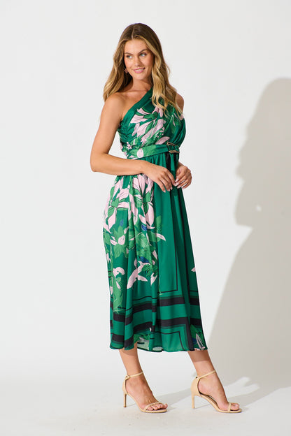 Bernadette One Shoulder Midi Dress In Emerald Print Satin