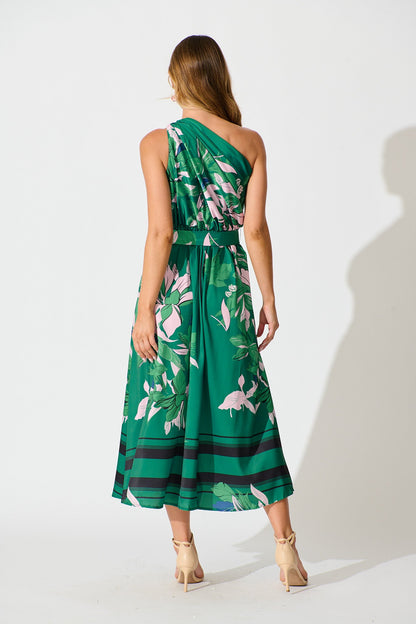 Bernadette One Shoulder Midi Dress In Emerald Print Satin