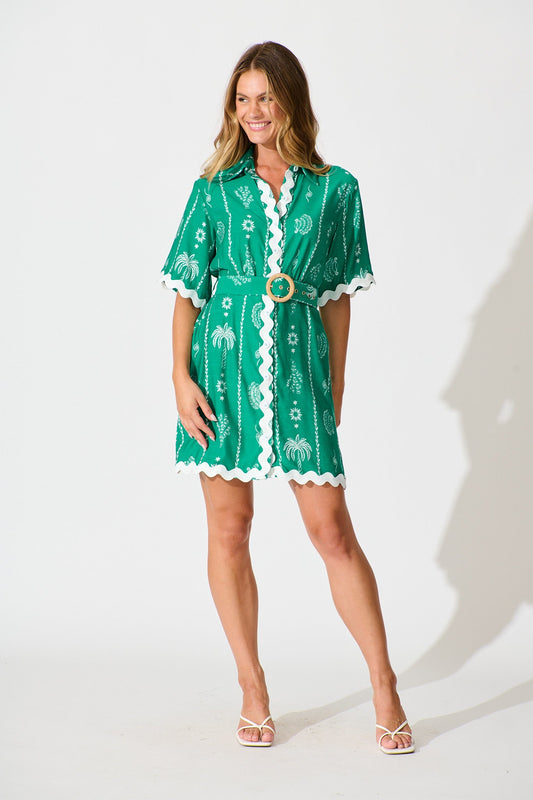 Maroa Shirt Dress in Green Print with Ric Rac Trim
